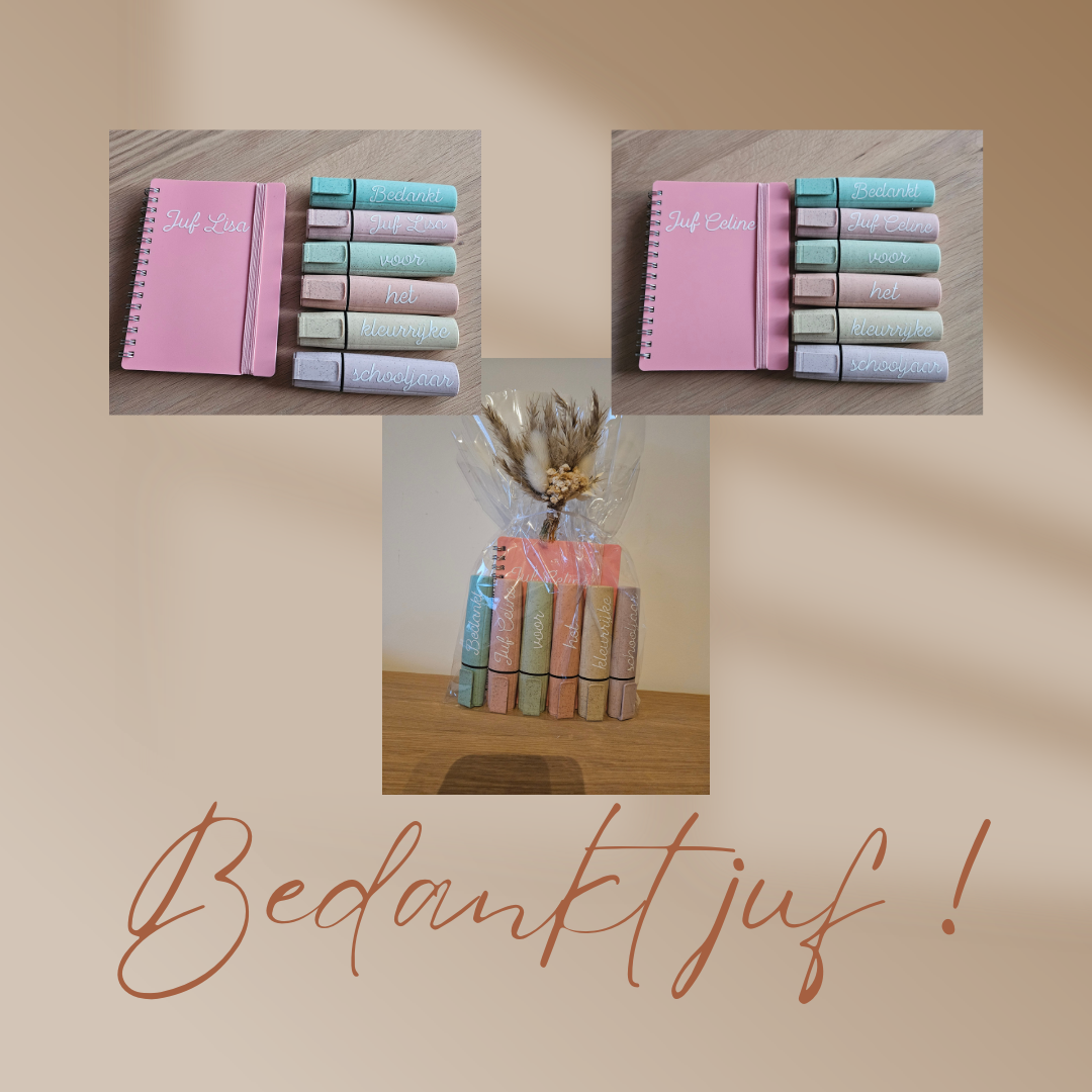 Setje van 6 fluostiften + schriftje - met naam