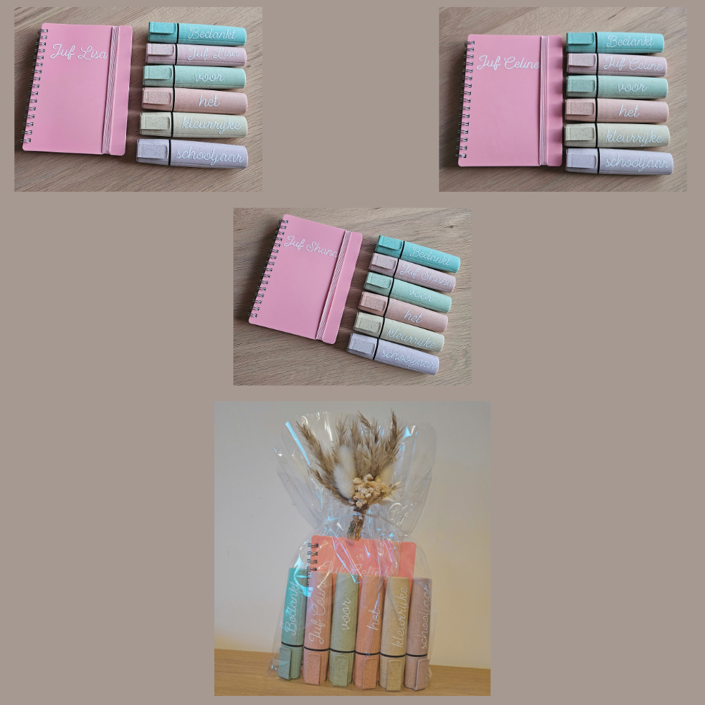 Setje van 6 fluostiften + schriftje - met naam